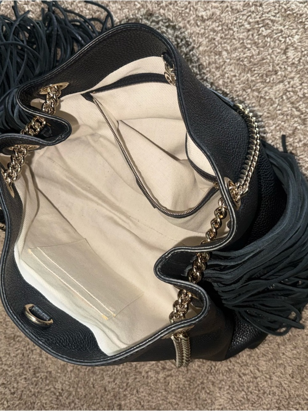 Gucci Black Pebbled Leather Fringe Shoulder Bag with Chain Straps -Vintage Boho - Picture 4 of 6